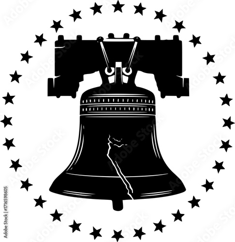 Liberty bell surrounded stars decorative element silhouette vector illustration
