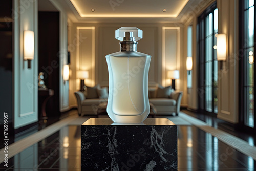 Luxury Perfume Bottle on Marble Display in Elegant Modern Interior