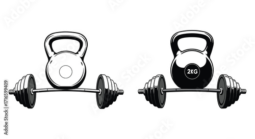 Black and white illustration of kettlebells and barbell weights training equipment