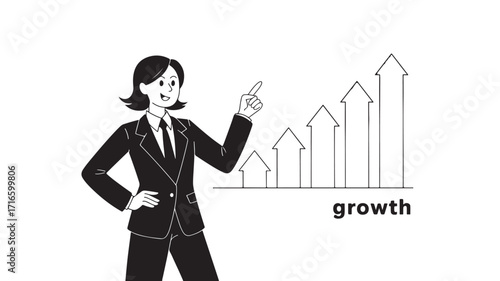 Businesswoman pointing at a growth chart symbolizing progress success and financial growth in a modern office setting