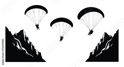 Silhouetted paragliders soar among jagged mountain peaks in a minimalist style