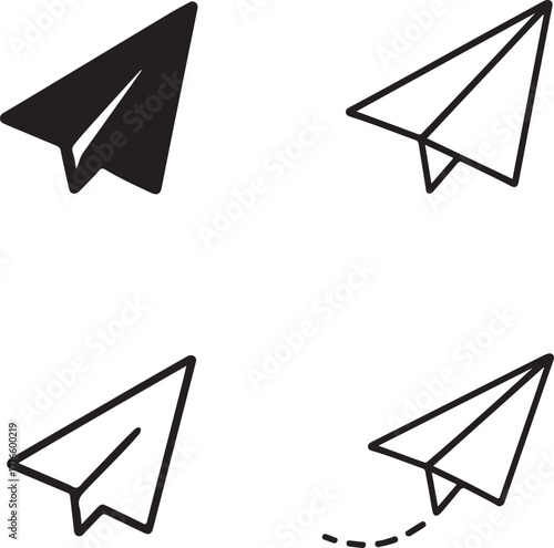 Paper plane icons, origami plane icons, solid paper plane, line travel plane, filled plane design, thin stroke plane minimal, black vector isolated communication set