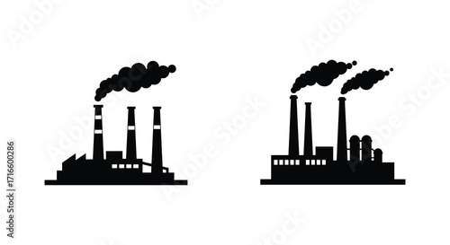 Two sets of industrial factory silhouettes emitting smoke into the air