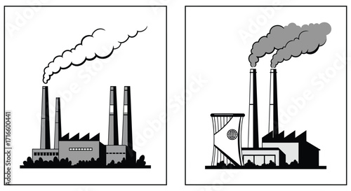 Industrial smokestacks emitting pollution comparing clean and dirty air quality