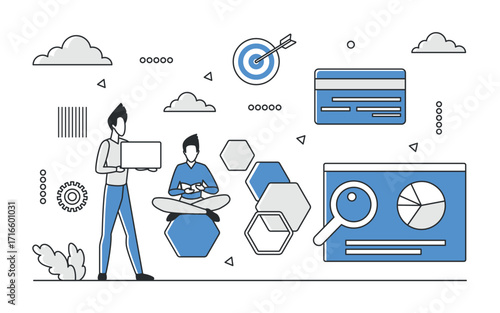 Digital marketing strategy with SEO analysis, data charts, target, and teamwork in a modern blue monocolor style, isolated on white background vector illustration