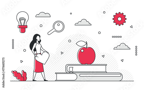 Woman holding heart with books, apple, lightbulb, and gear representing knowledge, learning, and skills in a modern red monocolor style isolated on white background vector illustration