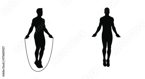 Two black silhouettes demonstrate jumping rope and a standing pose
