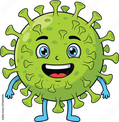 cartoon virus character, green microbe with arms, smiling germ, friendly pathogen, kids clipart, medical illustration, educational design