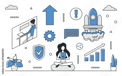 Business growth, productivity, and innovation concepts with rocket, upward arrow, and people in blue monocolor style, isolated on white background vector illustration