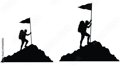 Silhouettes of climbers reaching peaks with flags on top
