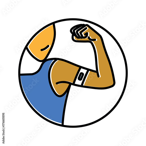 A black and white illustration of a persons arm with medical band on bicep within a circle.