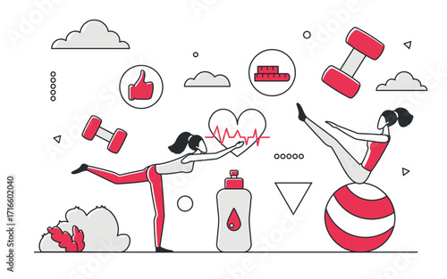 Active women exercising with dumbbells, fitness ball, and health icons in a modern red monocolor style, promoting sport, wellness, and healthy lifestyle isolated vector illustration