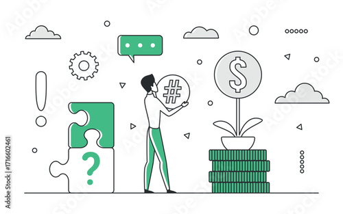 Businessman analyzing startup investment growth with money plant, puzzle, and financial icons in green monocolor style, isolated on white background vector illustration