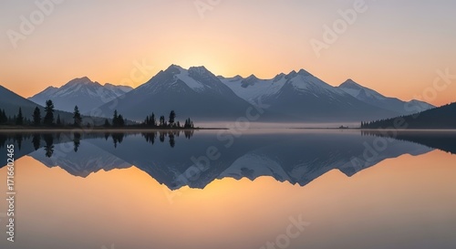 Serene Mountain Reflection at Dawn: Golden Sunrise Over Calm Lak