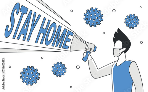 Man wearing mask uses megaphone to spread stay home message during virus outbreak, surrounded by blue virus icons, public health awareness concept vector illustration