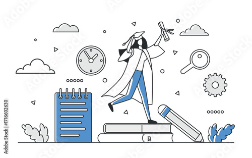 Young graduate in cap and gown holding diploma, surrounded by books, clock, pencil, and academic icons, celebrating achievement, isolated on white background vector illustration