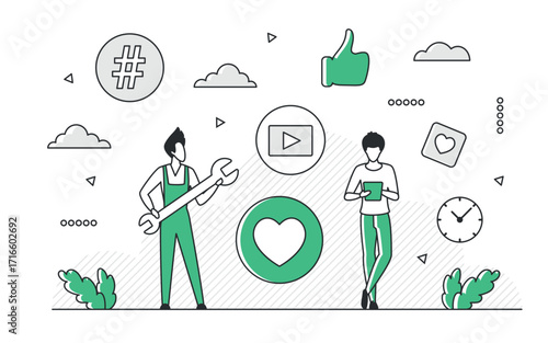 Technical support and social media interaction concept with green monocolor icons, including wrench, heart, like, and hashtag, isolated on white background vector illustration
