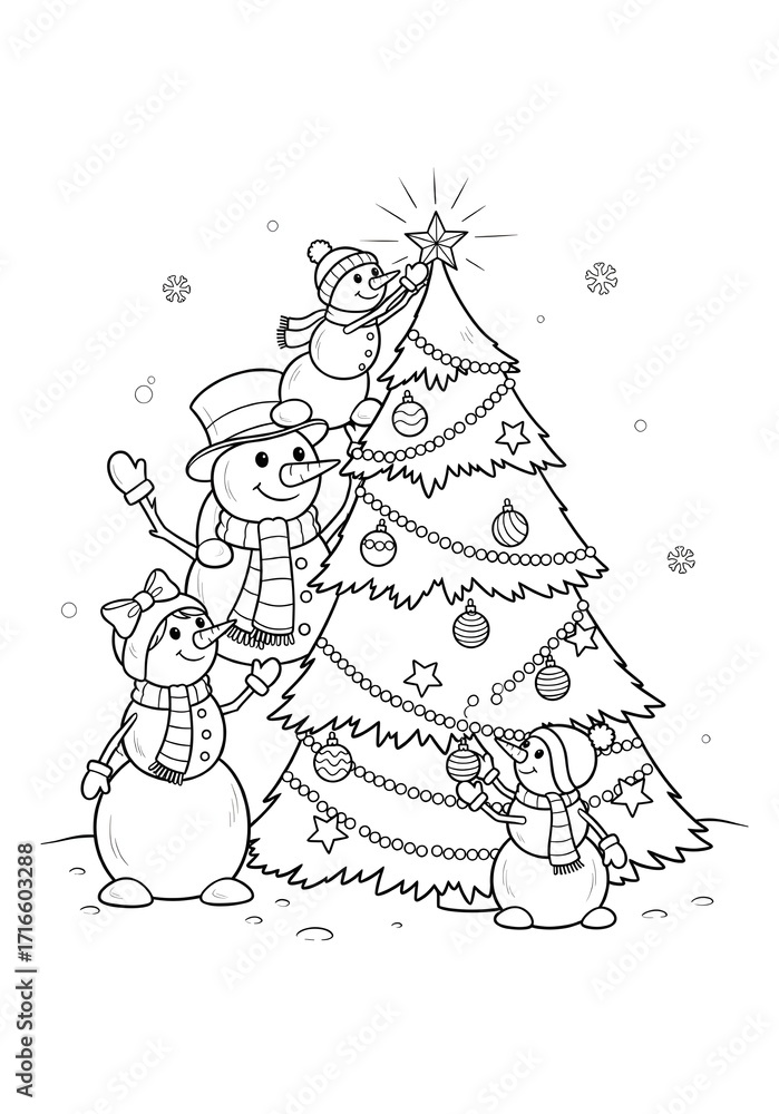 Fototapeta premium Christmas and New Year coloring page for kids, cute holiday line art illustration, Santa Claus, reindeer, Christmas tree, presents, and festive decorations