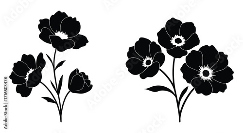 Elegant black floral silhouettes displaying delicate petals and simple botanical forms