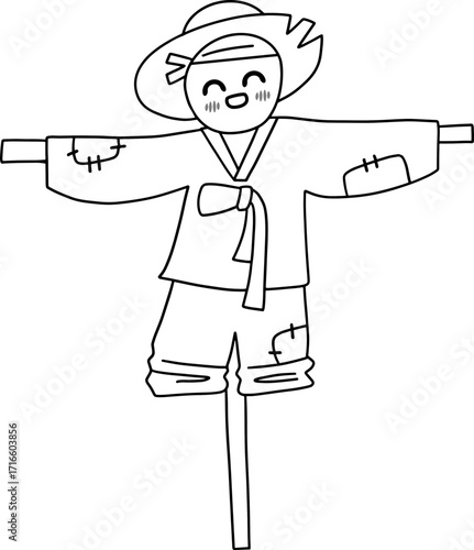 Autumn farming scarecrow design line illustration