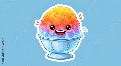 Cartoon shaved ice with syrup colors and smile, sticker