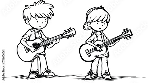 Kids Playing Music with Guitar Cartoon Illustration