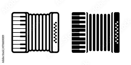 Accordion icon Set. Minimalist illustration of a musical instrument, an accordion, in a simple line art style. Perfect for musical projects, cultural events, or graphical compositions.