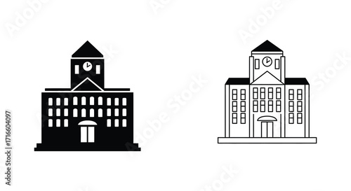 Simple black and white illustration of two building facades with clocks