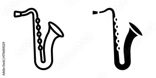 Saxophone icon set. Two saxophone icons, one with a simple outline and the other solid black, on a white background. Musical instrument illustration.