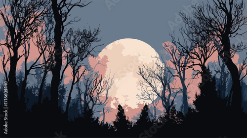 Enchanted Dark Forest with Moon in Background