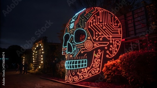Neon Cyber Skull AI Artwork with Digital Circuits