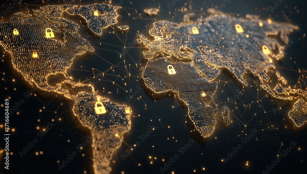 Obraz premium a digital map of the world with glowing padlock icons representing a global security network, set against a dark background Generative AI