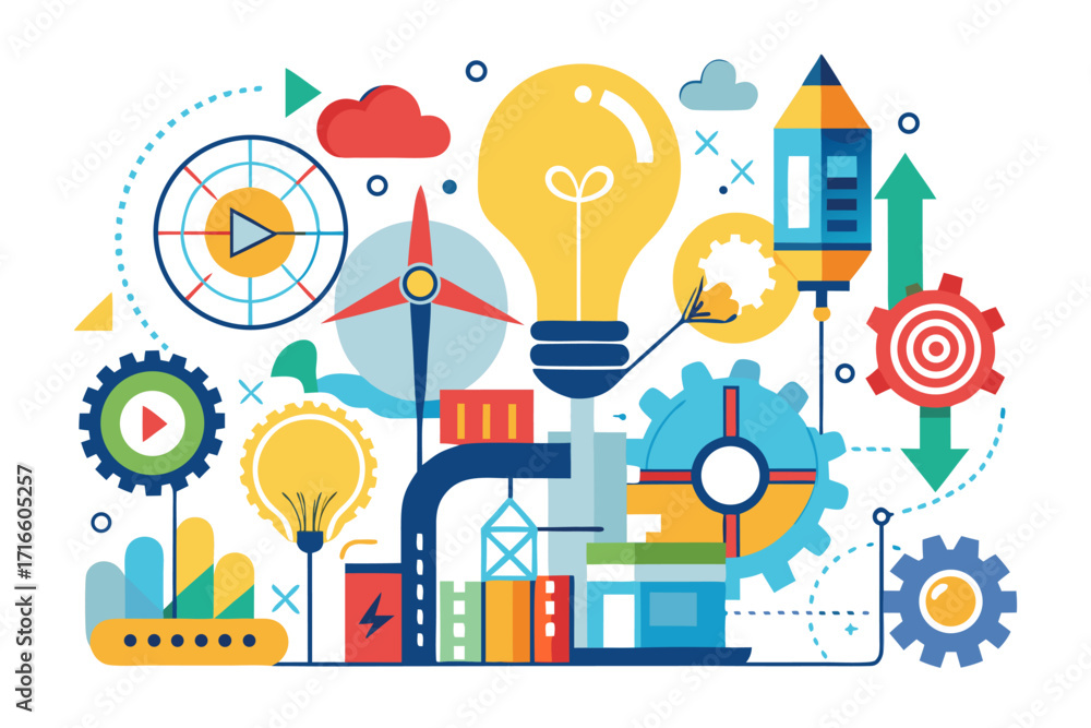Fototapeta premium Minimalist vector illustration of two hands sketching a glowing light bulb with a pen, symbolizing creativity, brainstorming, innovation, imagination, and idea generation. Perfect for business present