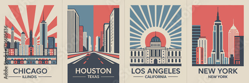Vintage Style City Posters Featuring Chicago Houston Los Angeles and New York Retro Travel Illustrations