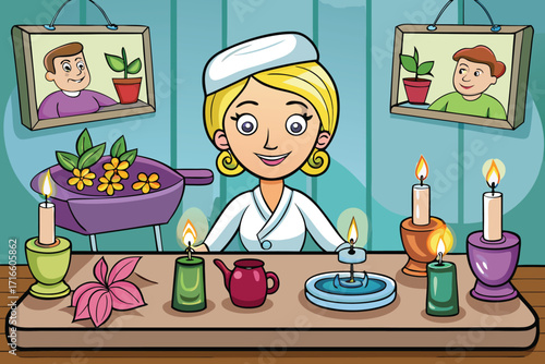 Vector art of cartoon spa salon with a beautician, candles, flowers, and portraits of clients on the wall, creating a relaxing atmosphere