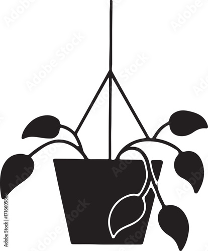 Hanging plant pot silhouette vector icon, ideal for indoor, garden, and home decor designs.