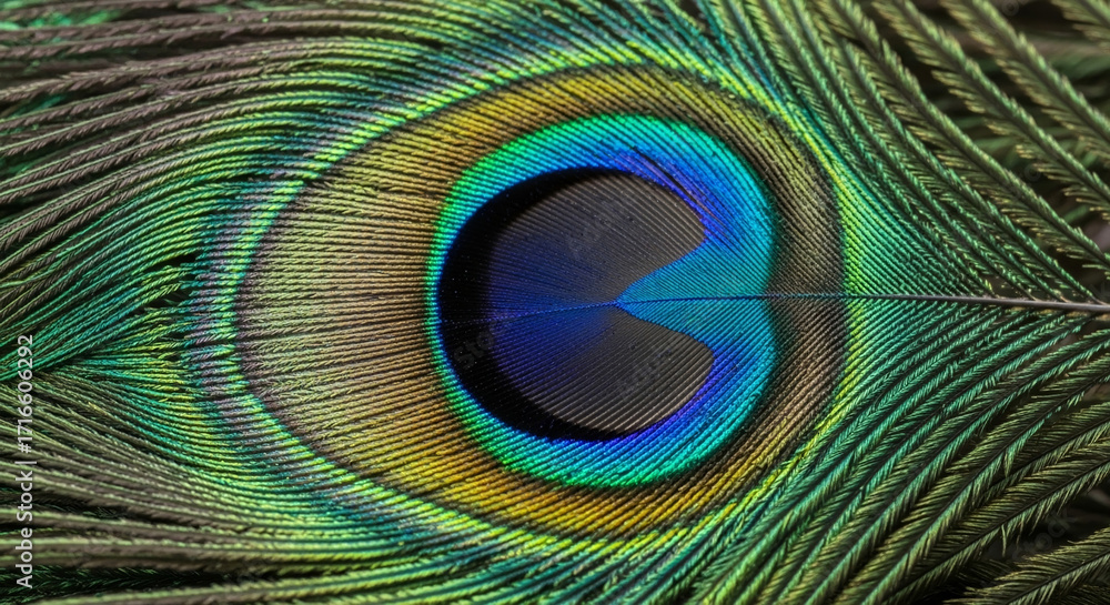 Obraz premium Close-up of a vibrant and iridescent peacock feather, showcasing its stunning natural patterns and rich blue, green, and gold hues, embodying nature's exquisite artistry