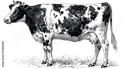 Beautiful Adult Female Cow with Black Spots on White Background Vector Illustration