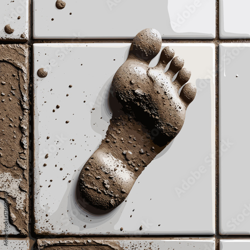 Muddy footprint on clean white tile surface after rain  