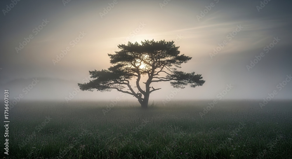 Obraz premium Solitary Tree Silhouette Against Misty Sunrise in Grassy Field