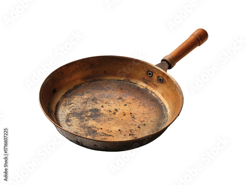 Well used frying pan showing age and patina isolated on transparent background, Clipart png
