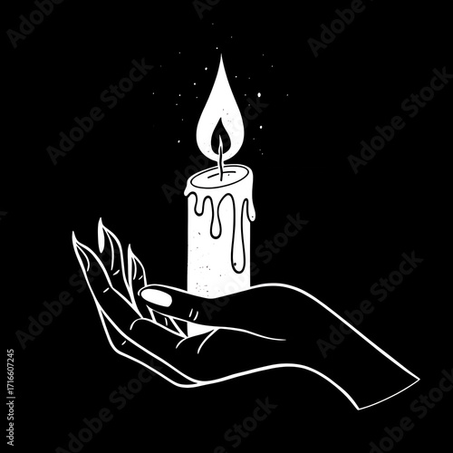 Hand holding a lit candle with dripping wax against a dark background