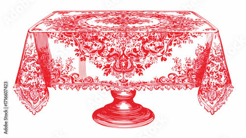 Elegant Bright Red and White Traditional Tablecloth Textile Image