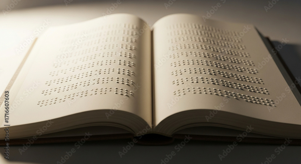 Obraz premium 3D render of open book with raised Braille dots under soft light.