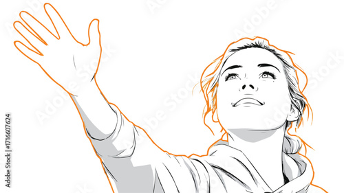 Cartoon Woman Reaching Up to Hand in the Sky - Professional and Inspiring Vector Illustration