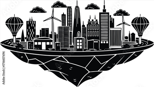 Vector cityscape silhouette with urban architecture and skyscrapers in a downtown business district