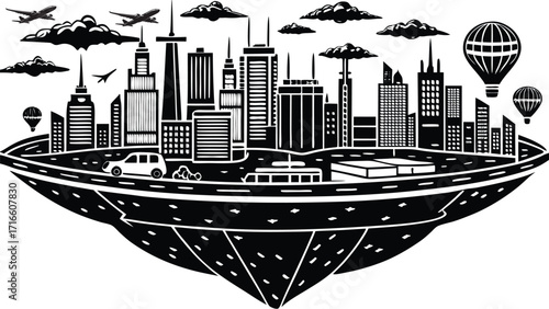 Urban business cityscape vector illustration of a city skyline over a river with boats