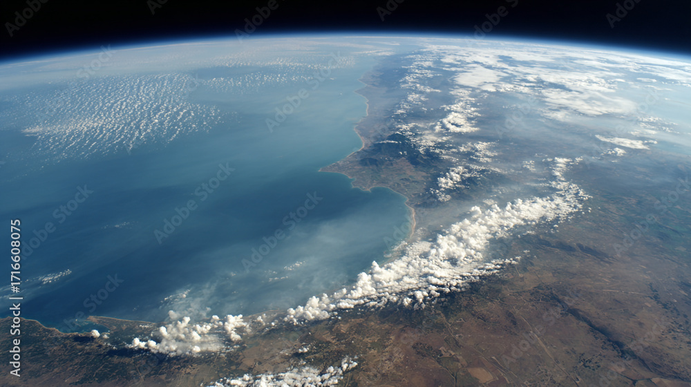 Fototapeta premium Earth coastline view from space showing ocean clouds land and atmosphere