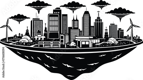 A stunning cityscape with skyscrapers and a ferry boat sailing on the water in the harbor