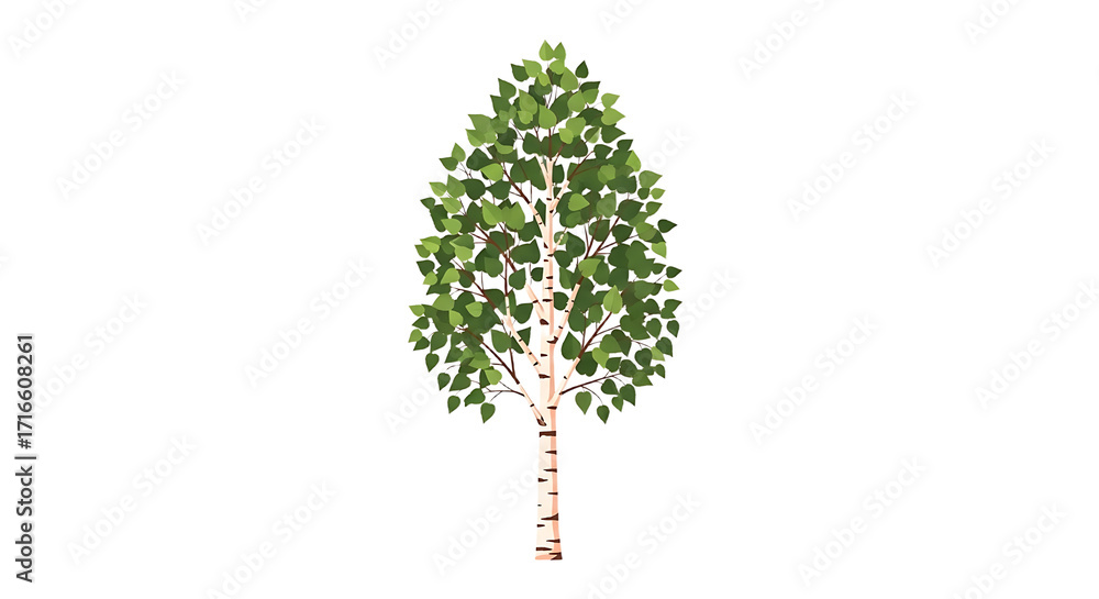 Fototapeta premium Stylized illustration of a vibrant greenleafed birch tree with distinctive white bark.